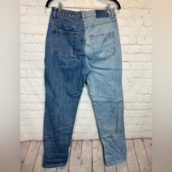 Fashion Nova high waist raw‎ hem straight leg Two Tone Jeans Women SZ 5 - Picture 3 of 5